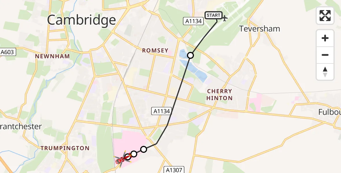 Flight route Air Ambulance Helicopter Cambridge City Airport - Papworth Hospital, 09 August 2026, 12:21