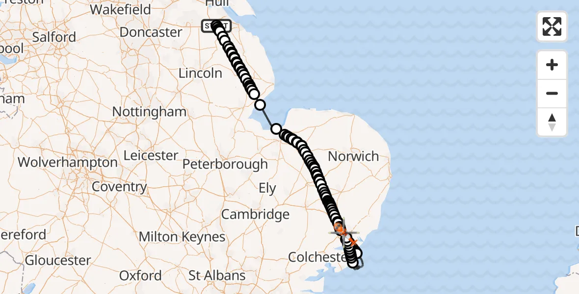 Flight route Coastguard Helicopter Humberside Airport - Ipswich, 09 August 2026, 12:23
