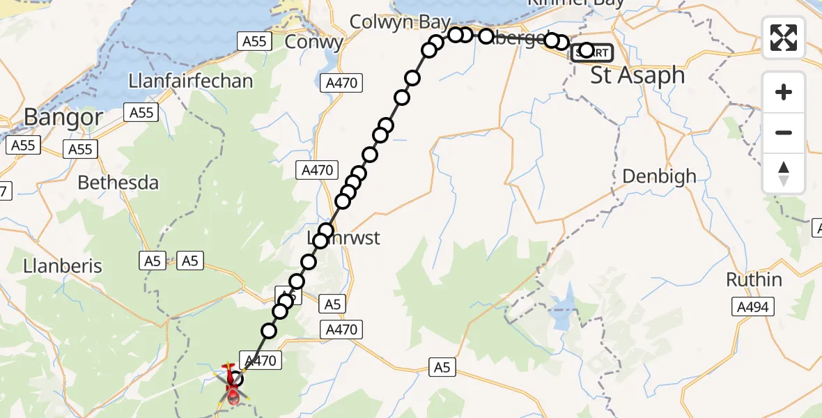 Flight route Air Ambulance Helicopter Ysbyty Glan Clywd Hospital Heliport - Blaenau Dolwyddelan, 09 August 2026, 12:29