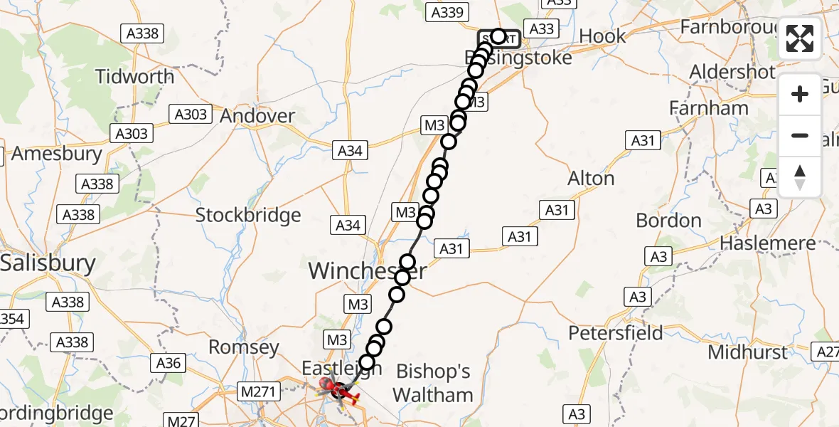Flight route Air Ambulance Helicopter North Hampshire Hospital - Southampton Airport, 09 August 2026, 12:30
