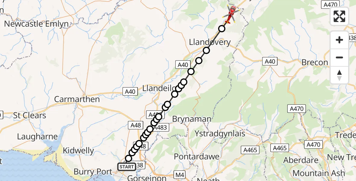 Flight route Air Ambulance Helicopter Dafen - Cynghordy, 09 August 2026, 12:35