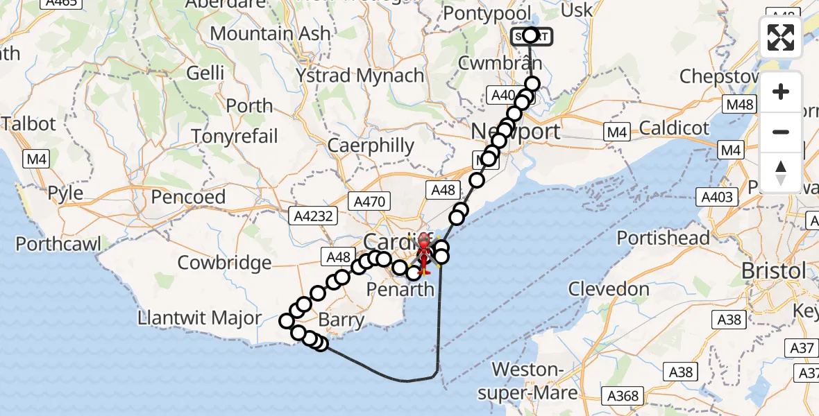 Flight route Air Ambulance Helicopter Pontypool - Cardiff Heliport, 09 August 2026, 12:40