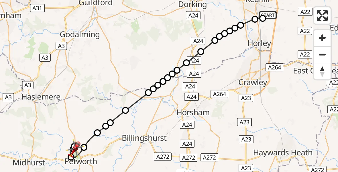 Flight route Air Ambulance Helicopter Redhill Aerodrome - Petworth, 09 August 2026, 12:41