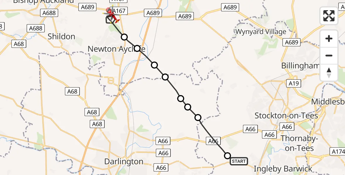 Flight route Air Ambulance Helicopter Egglescliffe - Newton Aycliffe, 09 August 2026, 12:44