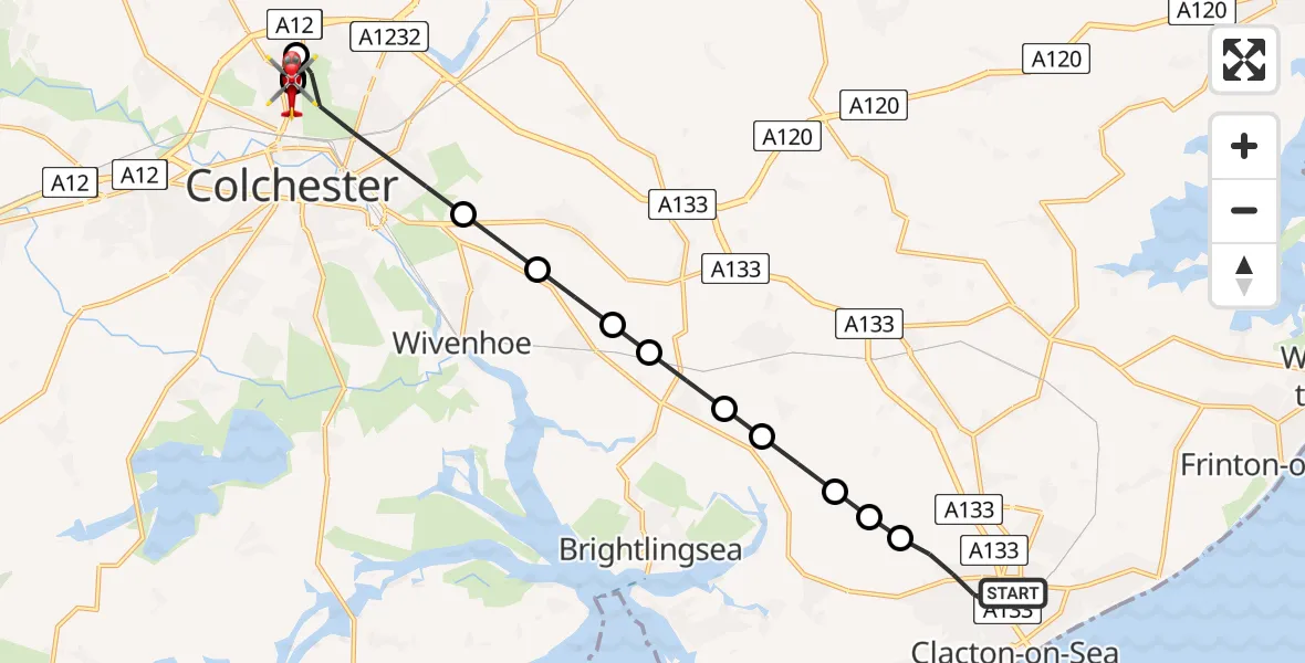 Flight route Air Ambulance Helicopter Clacton-on-Sea - Colchester Hospital, 09 August 2026, 12:45