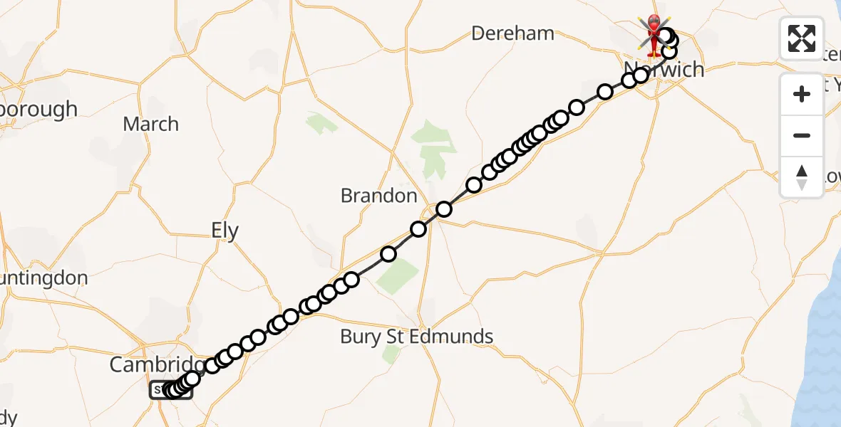 Flight route Air Ambulance Helicopter Papworth Hospital - Norwich Airport, 09 August 2026, 12:50