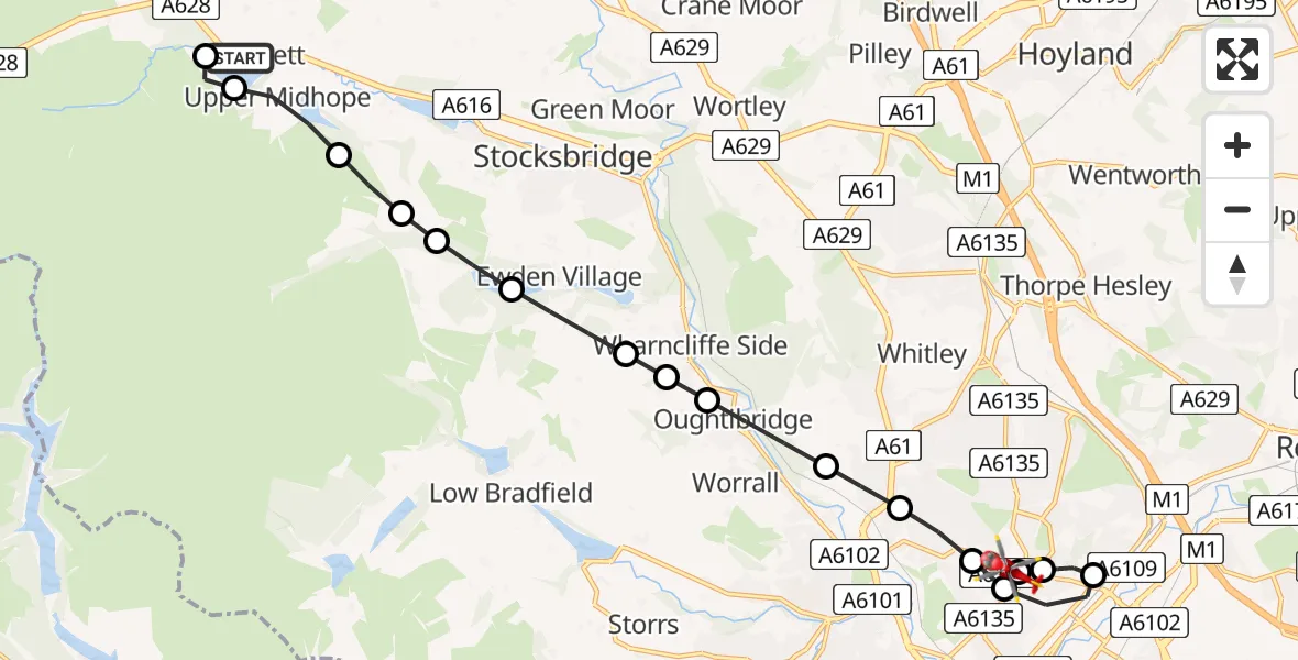 Flight route Air Ambulance Helicopter Barnsley - Sheffield Northern Hospital, 09 August 2026, 12:50