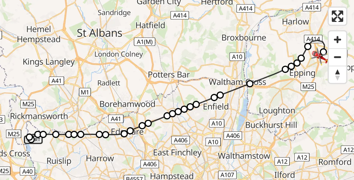Flight route Air Ambulance Helicopter Harefield Hospital - North Weald Airfield, 09 August 2026, 12:53
