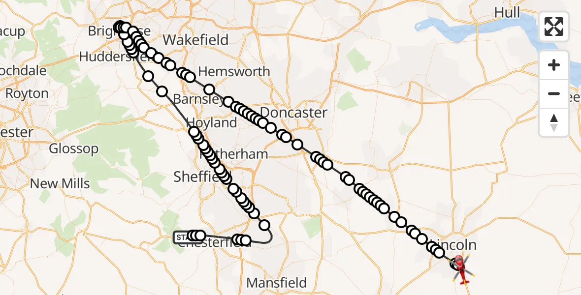 Flight route Air Ambulance Helicopter Wadshelf - North Kesteven, 09 August 2026, 12:58