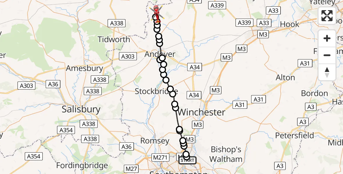 Flight route Air Ambulance Helicopter Mansbridge - Vernhams Dean, 09 August 2026, 13:00