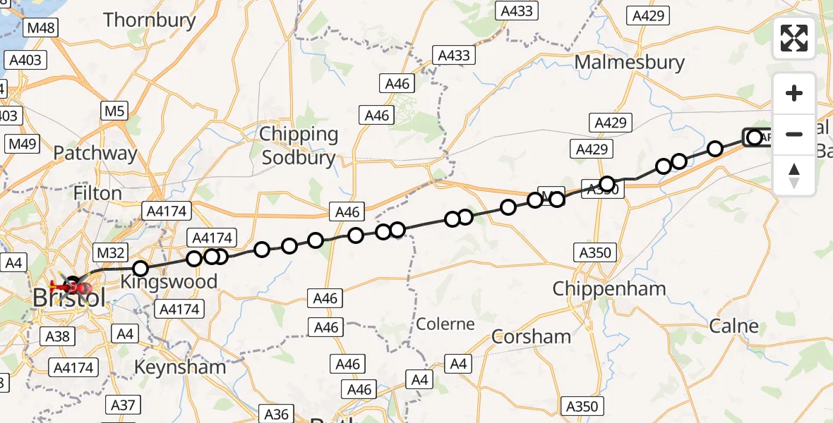 Flight route Air Ambulance Helicopter Brinkworth - Bristol Royal Infirmary, 09 August 2026, 13:00
