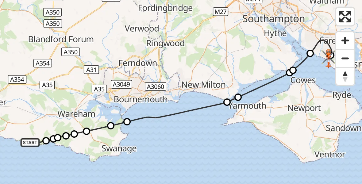 Flight route Coastguard Helicopter West Lulworth - Solent Airport, 09 August 2026, 13:06