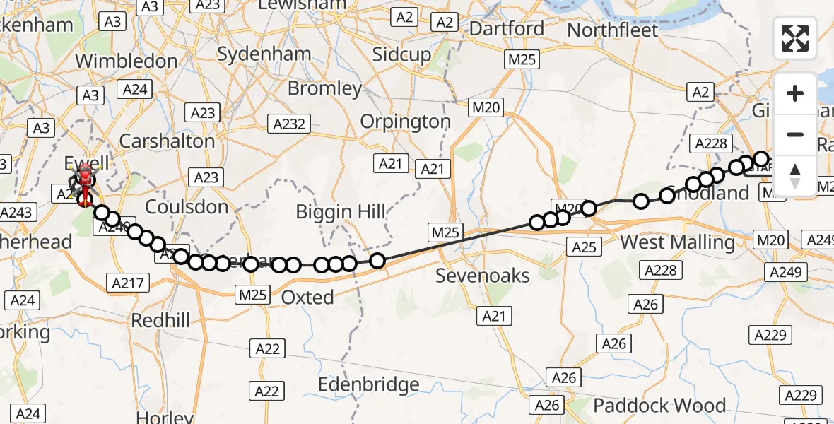 Flight route Air Ambulance Helicopter Rochester Airport - Epsom, 09 August 2026, 13:11