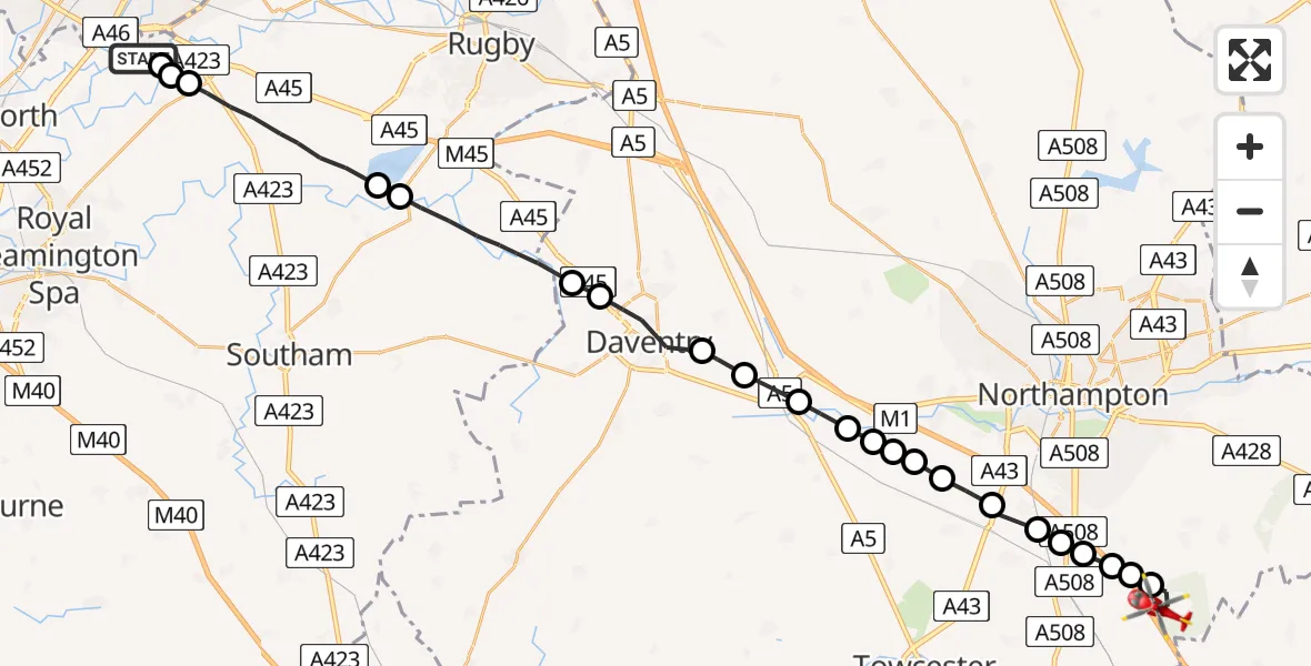 Flight route Air Ambulance Helicopter Coventry Airport - Hartwell, 09 August 2026, 13:17