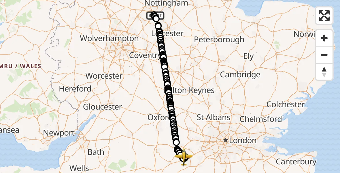 Flight route Police Aircraft East Midlands Airport - Blackbushe Airport, 09 August 2026, 13:18
