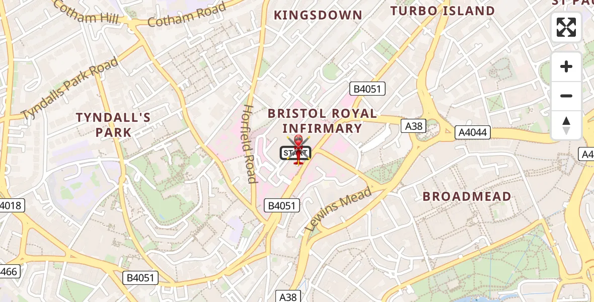 Flight route Air Ambulance Helicopter Bristol Royal Infirmary - Bristol Royal Infirmary, 09 August 2026, 13:21
