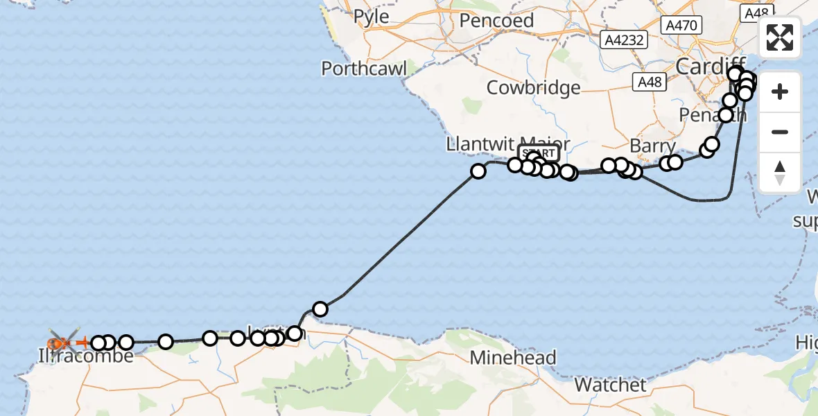 Flight route Coastguard Helicopter MOD St Athan - Bristol Channel, 09 August 2026, 13:23