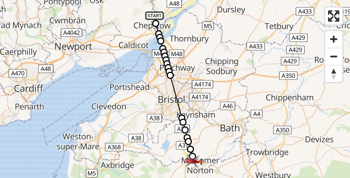 Flight route Air Ambulance Helicopter Woodcroft - Paulton, 09 August 2026, 13:25