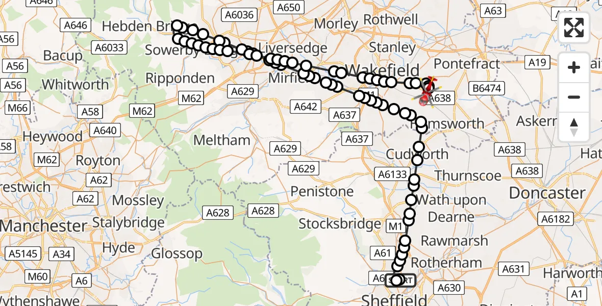 Flight route Air Ambulance Helicopter Sheffield Northern Hospital - YAA Nostell Helicopter Port, 09 August 2026, 13:25