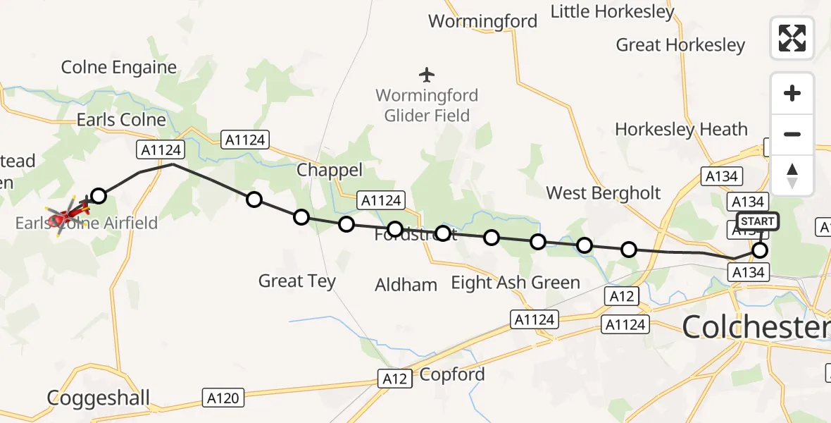 Flight route Air Ambulance Helicopter Colchester Hospital - Earls Colne Airfield, 09 August 2026, 13:28