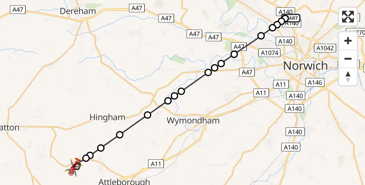 Flight route Air Ambulance Helicopter Norwich Airport - Rockland All Saints, 09 August 2026, 13:36