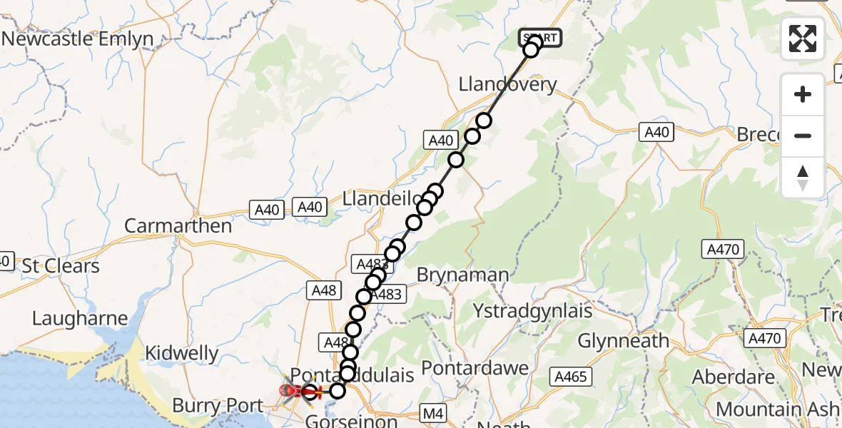 Flight route Air Ambulance Helicopter Cynghordy - Dafen, 09 August 2026, 13:41