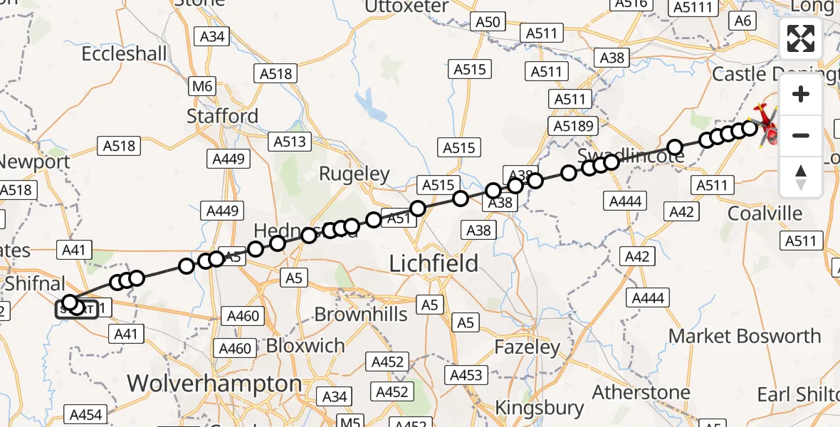 Flight route Air Ambulance Helicopter RAF Cosford - Breedon on the Hill, 09 August 2026, 13:51