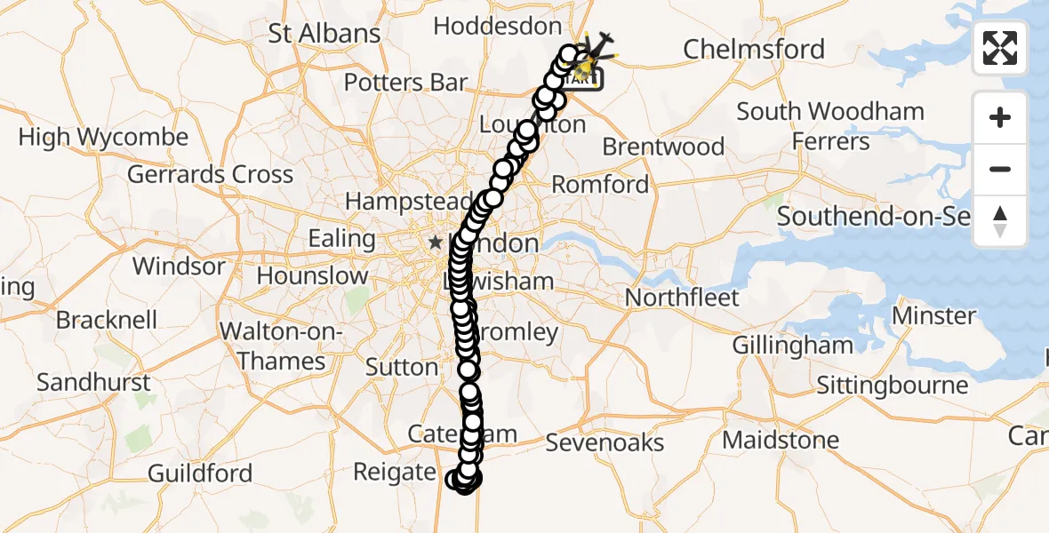 Flight route Police Helicopter Epping - North Weald Bassett, 09 August 2026, 14:01