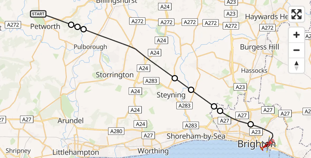 Flight route Air Ambulance Helicopter Petworth - Brighton, 09 August 2026, 14:04