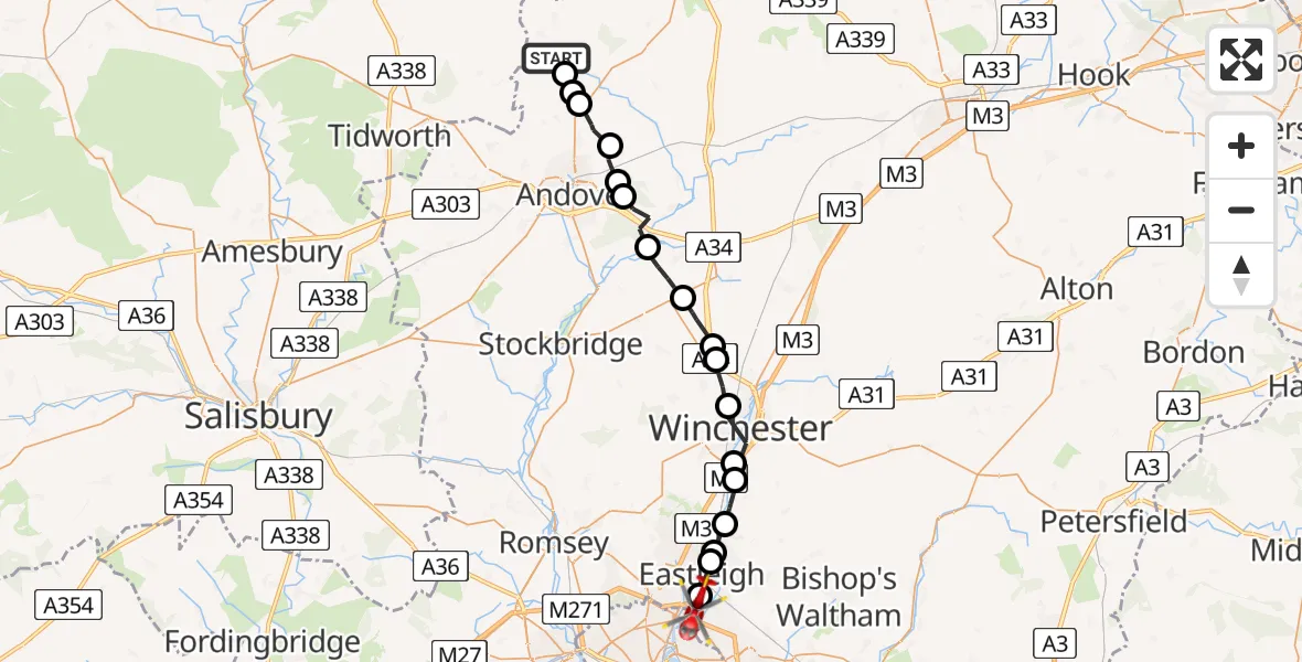 Flight route Air Ambulance Helicopter Vernhams Dean - Southampton Airport, 09 August 2026, 14:10