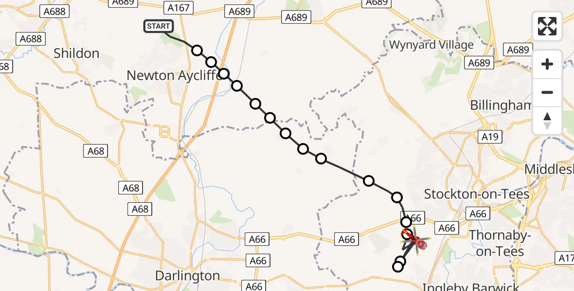 Flight route Air Ambulance Helicopter Newton Aycliffe - Preston-on-Tees, 09 August 2026, 14:11