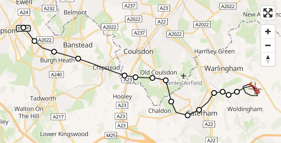 Flight route Air Ambulance Helicopter Ewell - Woldingham, 09 August 2026, 14:17
