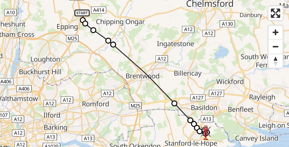 Flight route Air Ambulance Helicopter North Weald Airfield - Fobbing, 09 August 2026, 14:18