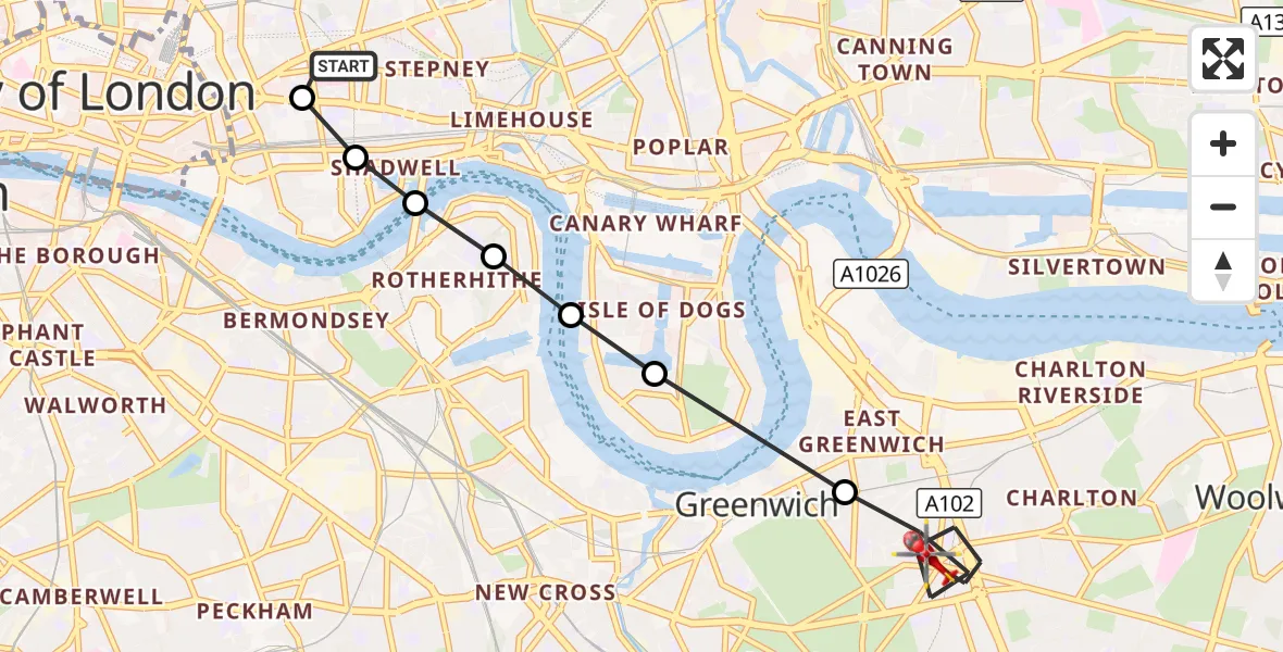 Flight route Air Ambulance Helicopter Royal London Hospital - East Greenwich, 09 August 2026, 14:21