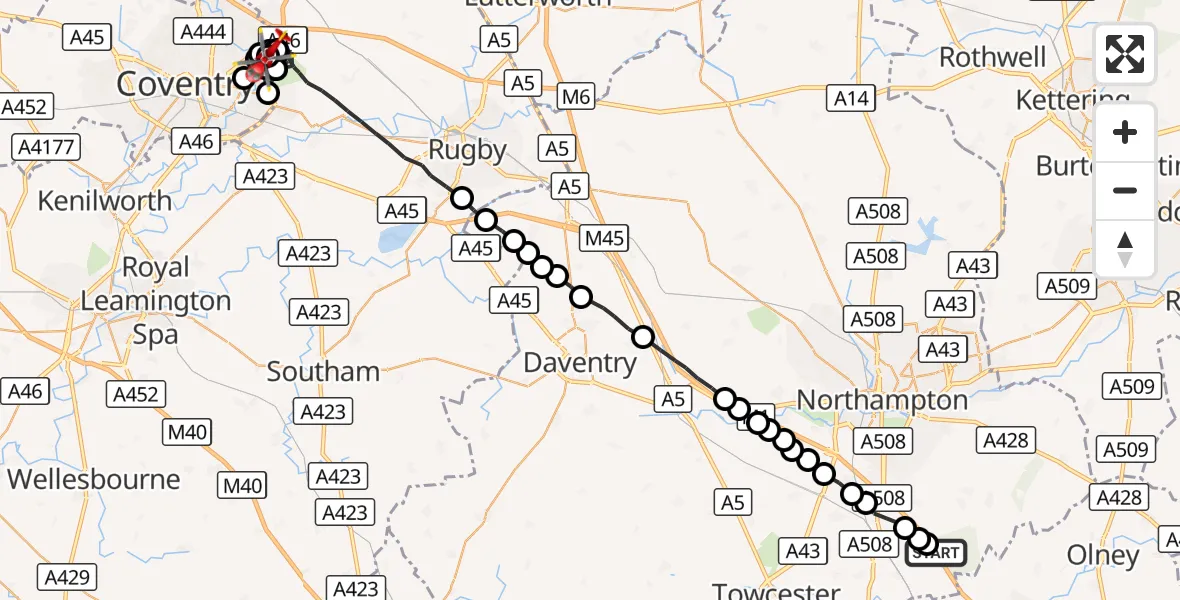 Flight route Air Ambulance Helicopter Quinton - University Hospital Coventry, 09 August 2026, 14:41