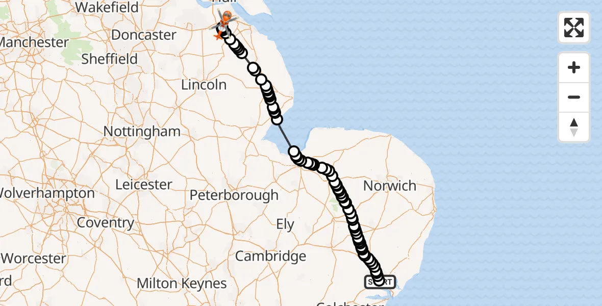 Flight route Coastguard Helicopter Ipswich Hospital - Humberside Airport, 09 August 2026, 14:44