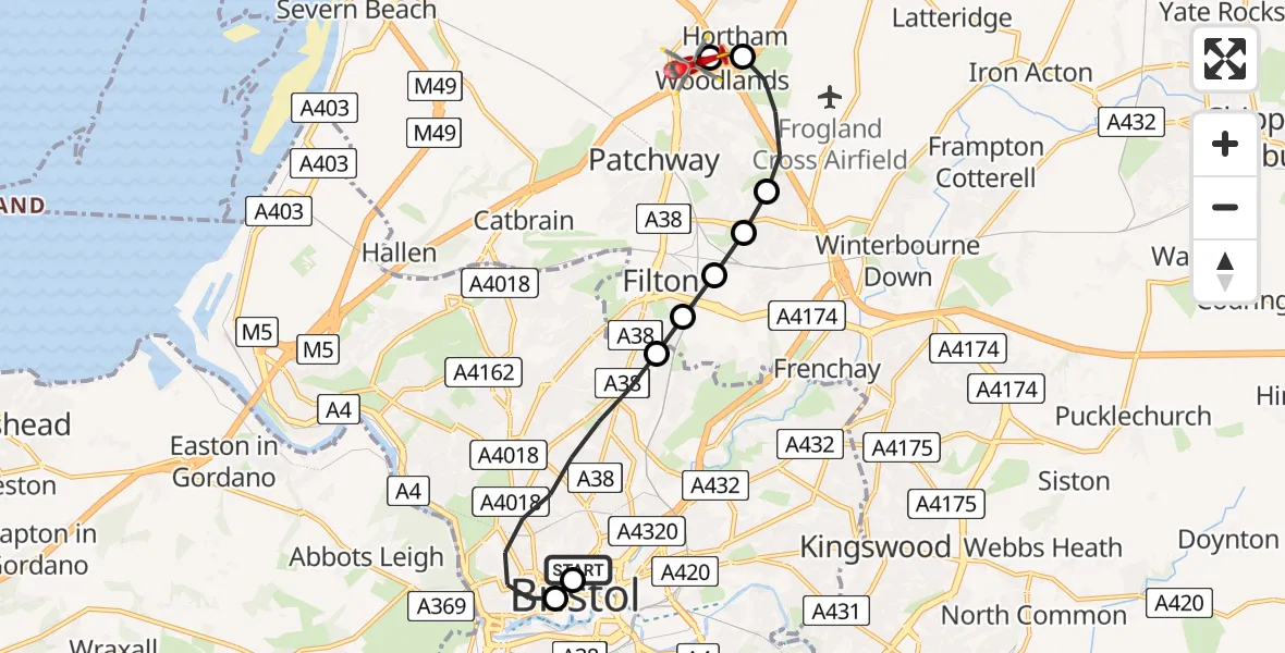 Flight route Air Ambulance Helicopter Bristol Royal Infirmary - Almondsbury Helicopter Base, 09 August 2026, 14:50
