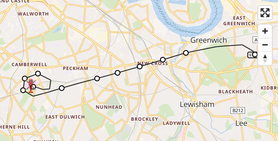Flight route Air Ambulance Helicopter East Greenwich - Kings College London Hospital, 09 August 2026, 14:54