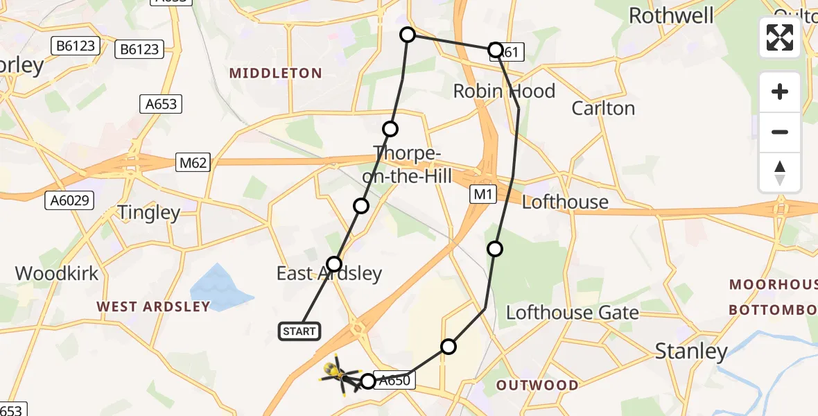 Flight route Police Helicopter East Ardsley - East Ardsley, 09 August 2026, 14:54