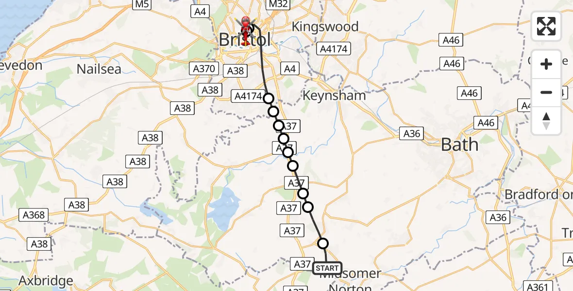 Flight route Air Ambulance Helicopter Paulton - Bristol Royal Infirmary, 09 August 2026, 14:59