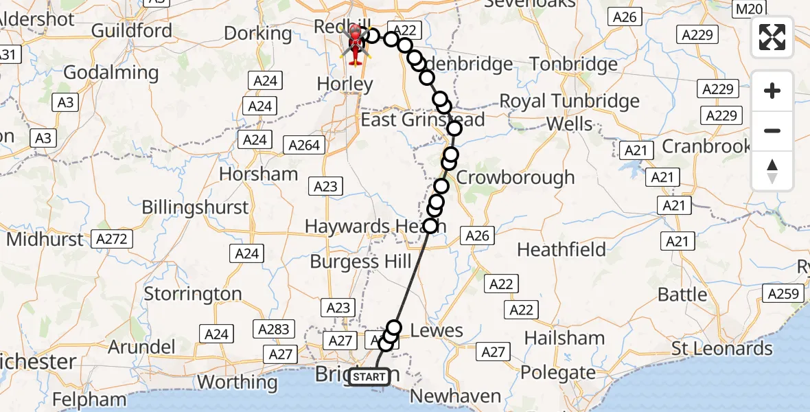 Flight route Air Ambulance Helicopter Brighton - Redhill Aerodrome, 09 August 2026, 15:06