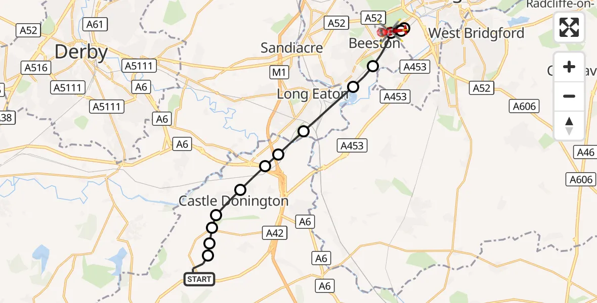 Flight route Air Ambulance Helicopter Breedon on the Hill - Beeston, 09 August 2026, 15:16