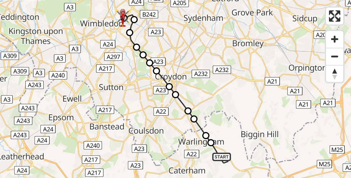 Flight route Air Ambulance Helicopter Woldingham - St Georges Hospital, 09 August 2026, 15:18