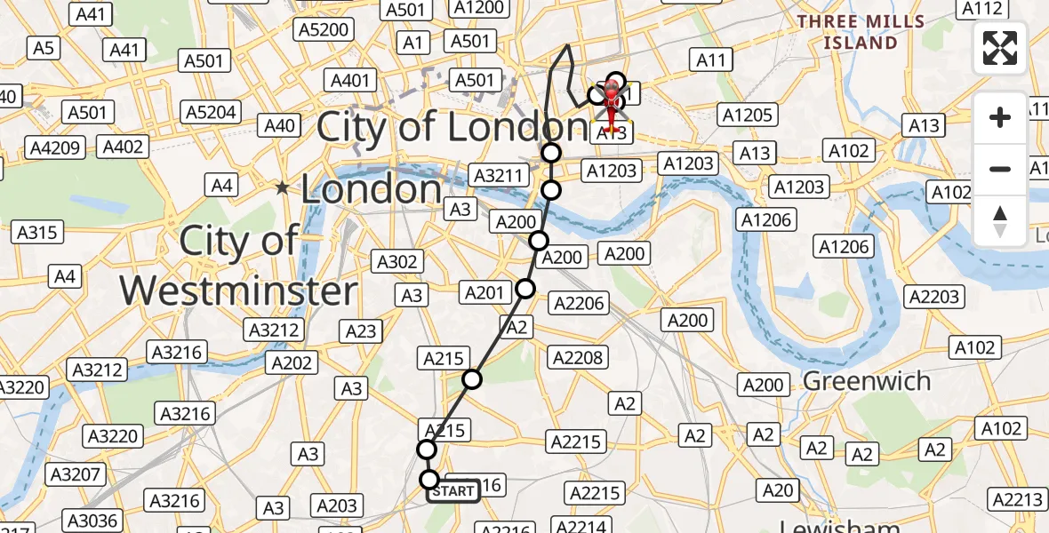 Flight route Air Ambulance Helicopter Kings College London Hospital - Royal London Hospital, 09 August 2026, 15:20