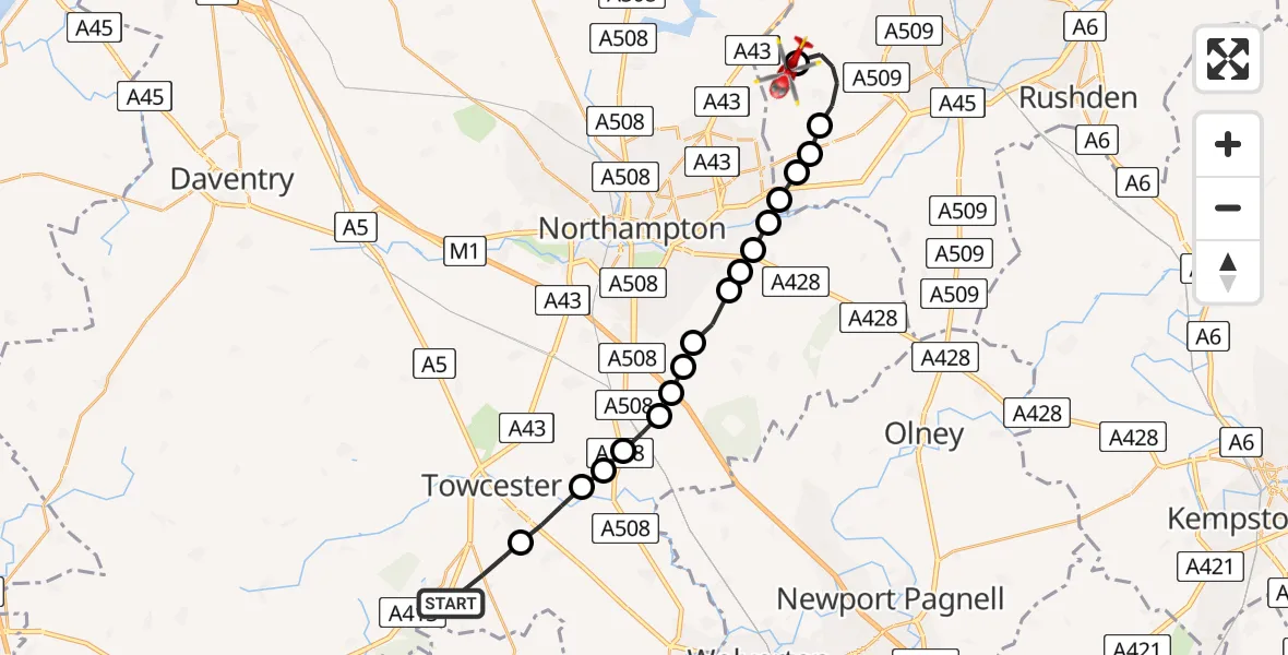 Flight route Air Ambulance Helicopter Silverstone - Sywell Aerodrome, 09 August 2026, 15:22