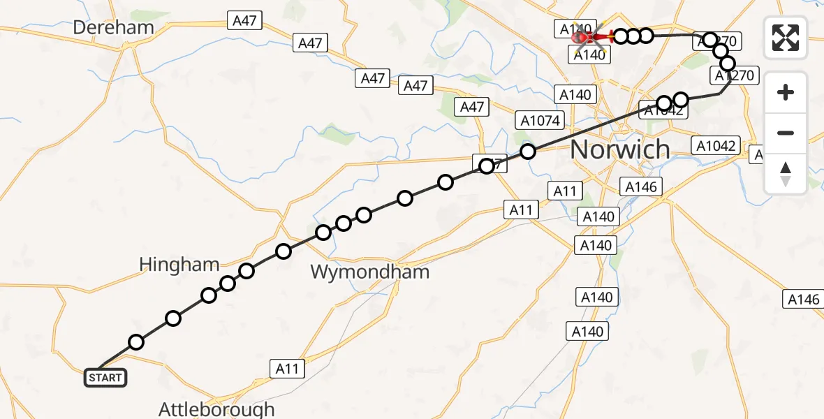 Flight route Air Ambulance Helicopter Rockland All Saints - Norwich Airport, 09 August 2026, 15:26