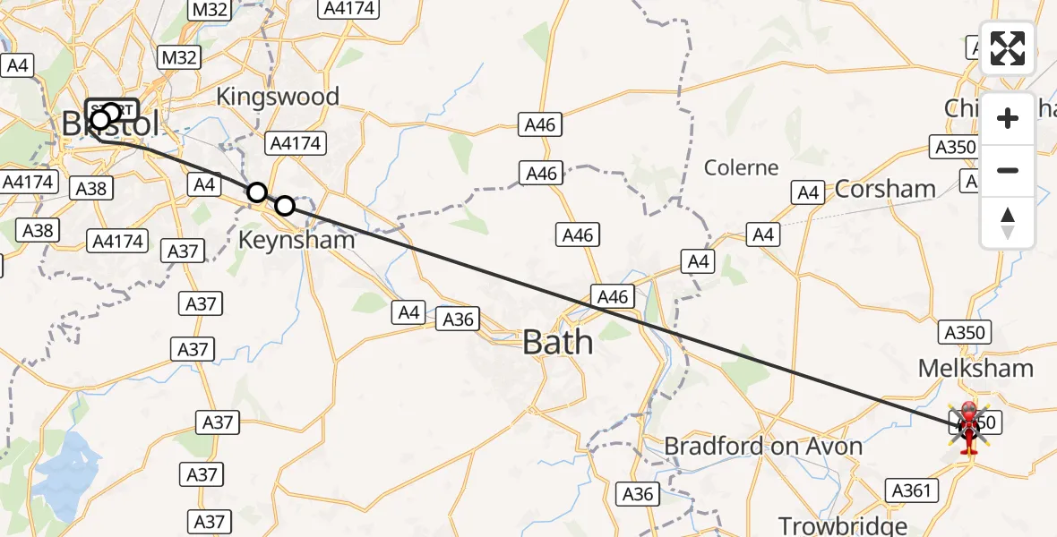 Flight route Air Ambulance Helicopter Bristol Royal Infirmary - Wiltshire Air Ambulance, 09 August 2026, 15:32