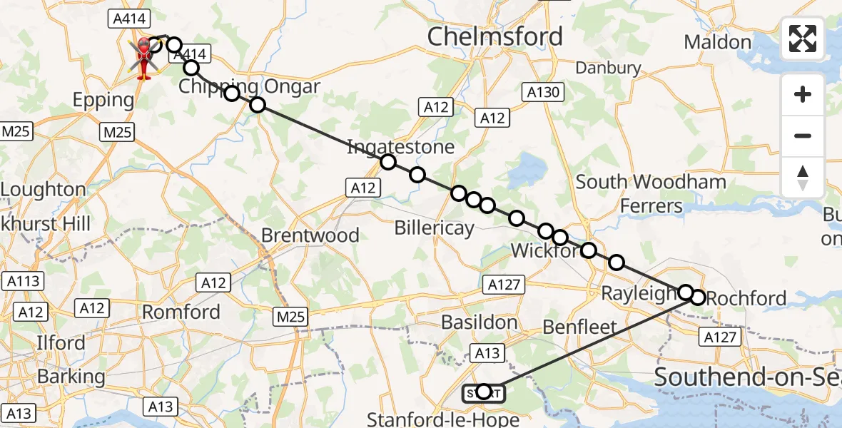 Flight route Air Ambulance Helicopter Corringham - North Weald Airfield, 09 August 2026, 15:36