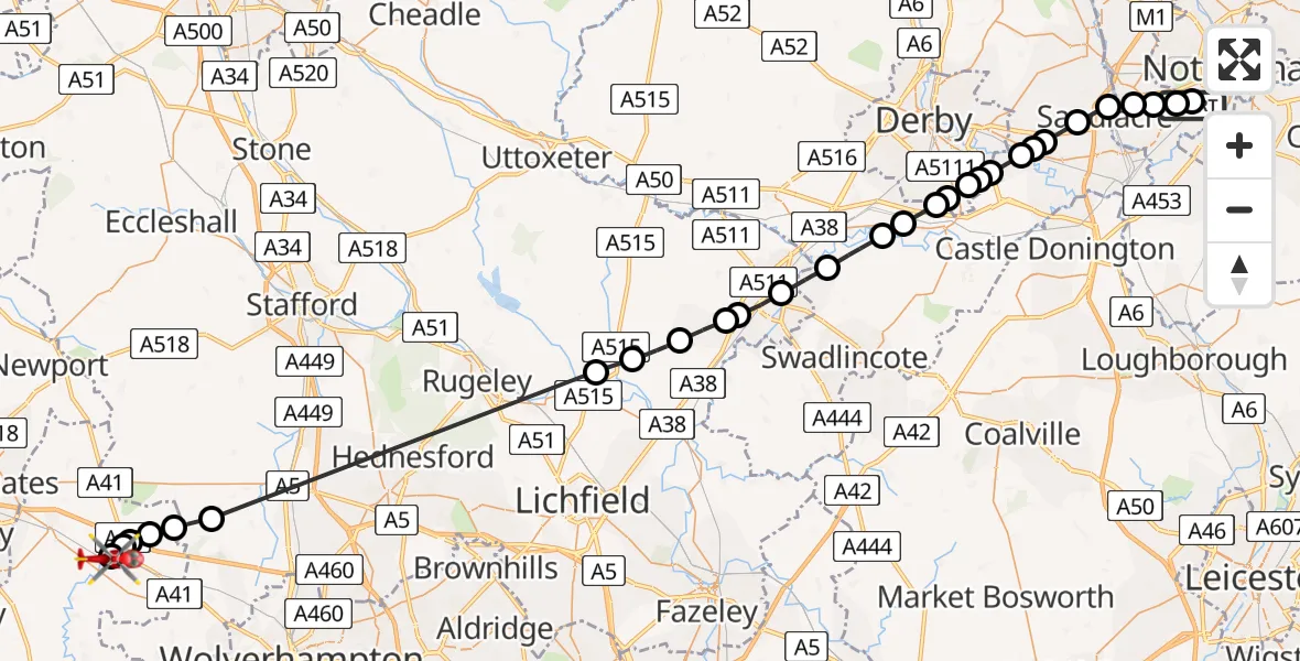 Flight route Air Ambulance Helicopter City of Nottingham - Cosford, 09 August 2026, 15:58