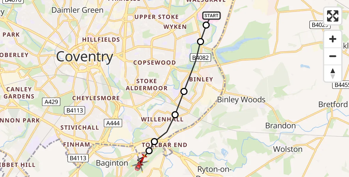 Flight route Air Ambulance Helicopter University Hospital Coventry - Coventry Airport, 09 August 2026, 16:07